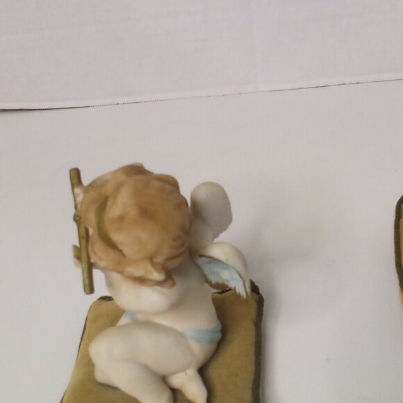 Vintage Angel Figure On Pillow Lot of 2 Guitar Flute Cherubs Ceramic 5" Tall - Picture 6 of 16